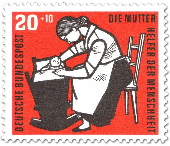 Stamp: Mutter mit Kind in einer Wiege