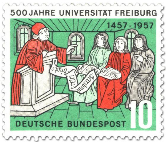 Stamp: 500 Jahre Universität Freiburg (Dozent mit Studenten)