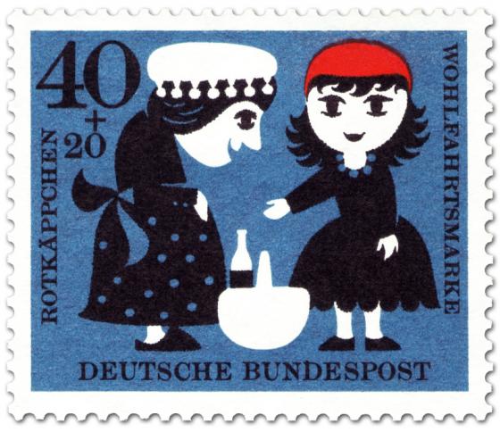Stamp: Rotkäppchen gibt der Großmutter den Korb (mit Flasche)