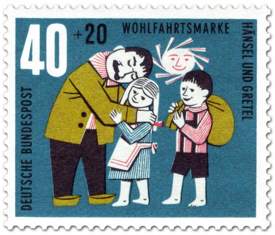 Stamp: Hänsel und Gretel glücklich beim Vater
