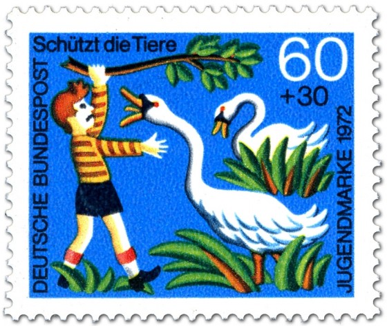 Stamp: Junge ärgert Schwäne am See