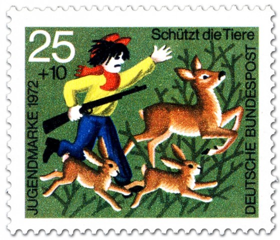 Stamp: Unruhe stiftender Junge im Wald vertreibt Rehe