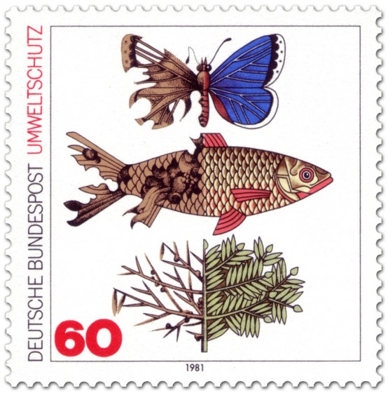 Stamp: Umweltschutz (zerstörter Schmetterling, Fisch, Baum)