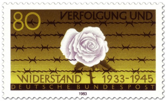 Stamp: Weiße Rose vor Stacheldraht