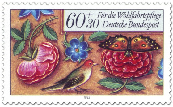 Stamp: Rosen, Vogel und Schmetterling