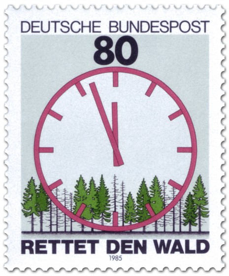 Stamp: Saurer Regen: Wald mit ablaufender Uhr