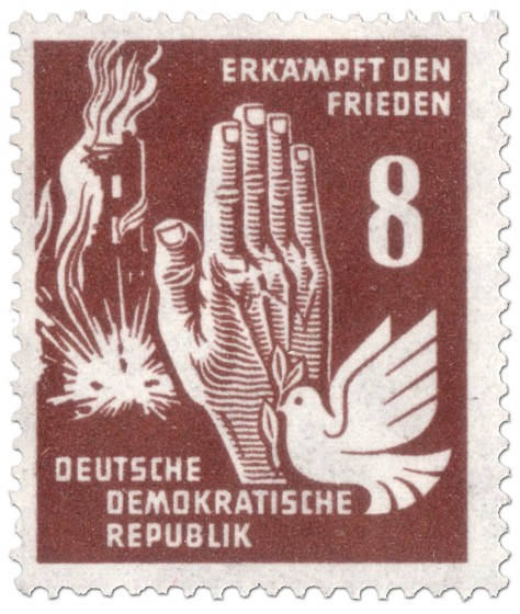 Stamp: Bombenangriff, Hand und Taube